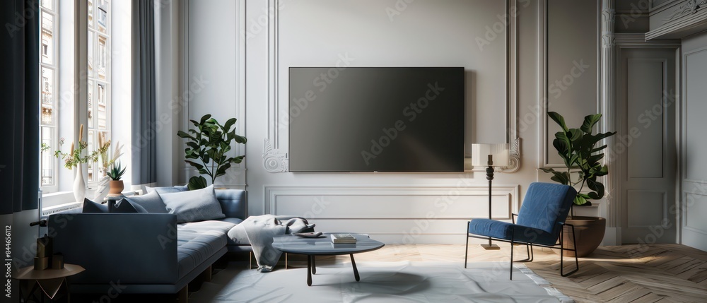 TV mockup, the tv is showing dark gray glass screen,white color wall, modern living room TV mockup, the tv is showing dark gray glass screen,white color wall, modern living room