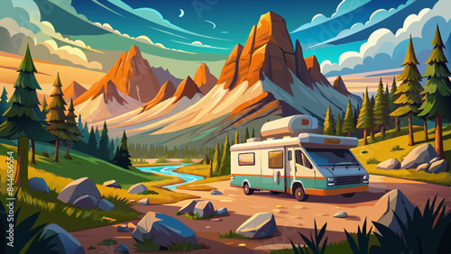 Camping in nature, motor home, Mountain landscape