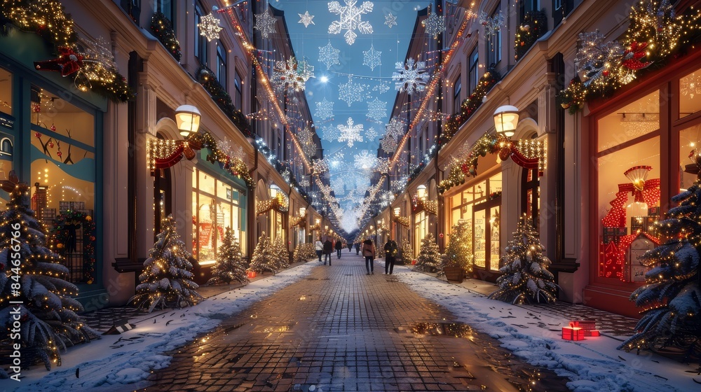 Fototapeta premium A snowy street with Christmas decorations and people walking