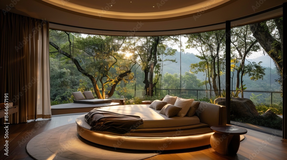 Fototapeta premium Atmospheric contemporary bedroom, round bed and outdoor view, skay