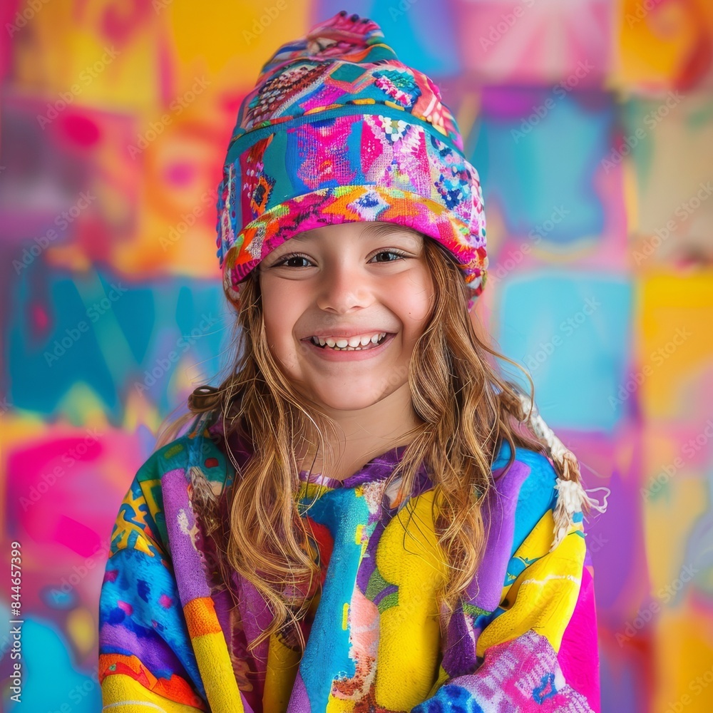 Fototapeta premium A joyful child dressed in vibrant, colorful clothing, smiling with a background full of bright, cheerful patterns