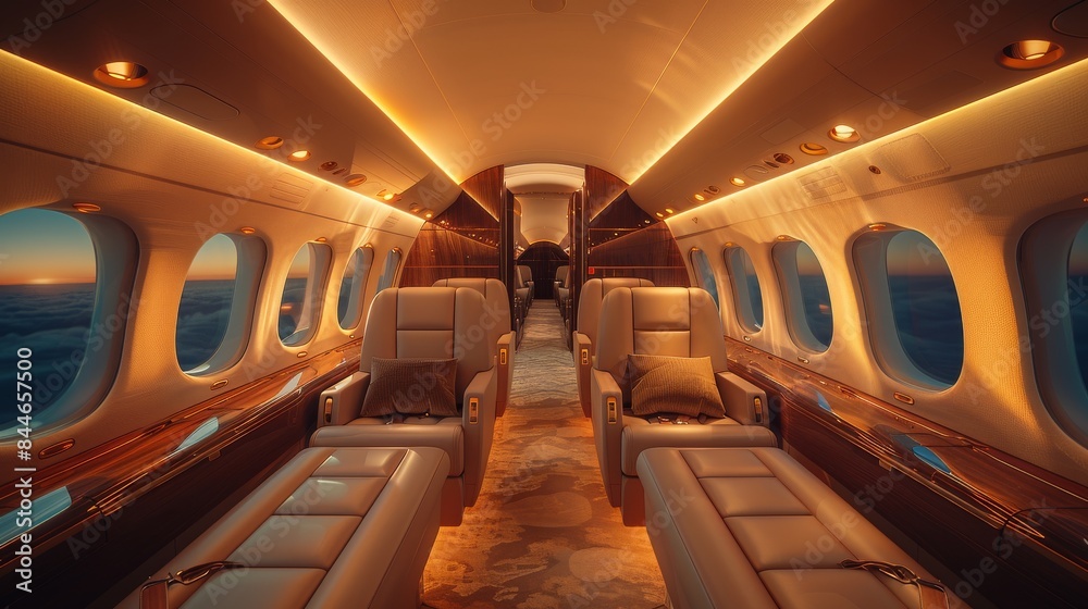 Expansive interior of a high-end airplane cabin with plush seats and