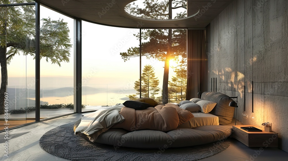 Fototapeta premium Atmospheric contemporary bedroom, round bed and outdoor view, skay
