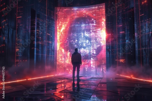 A person standing before a giant digital screen displaying a world map with vibrant colors and complex data visuals in a futuristic setting © Phatharaporn