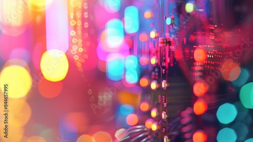Defocused colors meld together in a hazy haze of unidentifiable computer parts and blurred lights. .