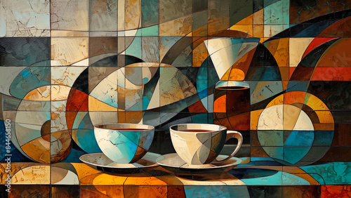Coffee Time - Cafe Painting, Cups In Cubist Style, Cubism, Cuboidal Painting, Cubed Art Scene