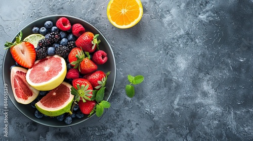 Assortment of healthy raw fruits and berries platter background 