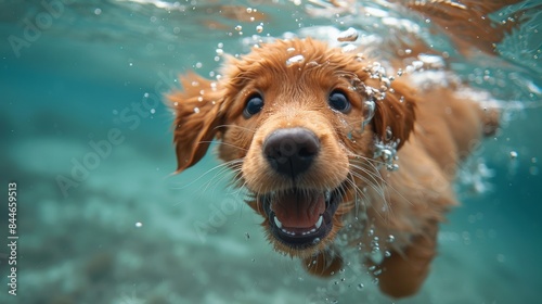 An underwater shot of a joyful Golden Retriever puppy swimming and looking at the camera