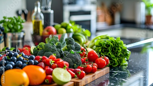 Assorted fresh fruit and vegetables in kitchen counter