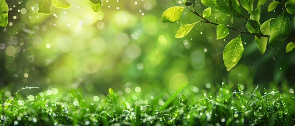 Spring summer background with a frame of grass and leaves on nature. Juicy lush green grass on meadow with drops of water