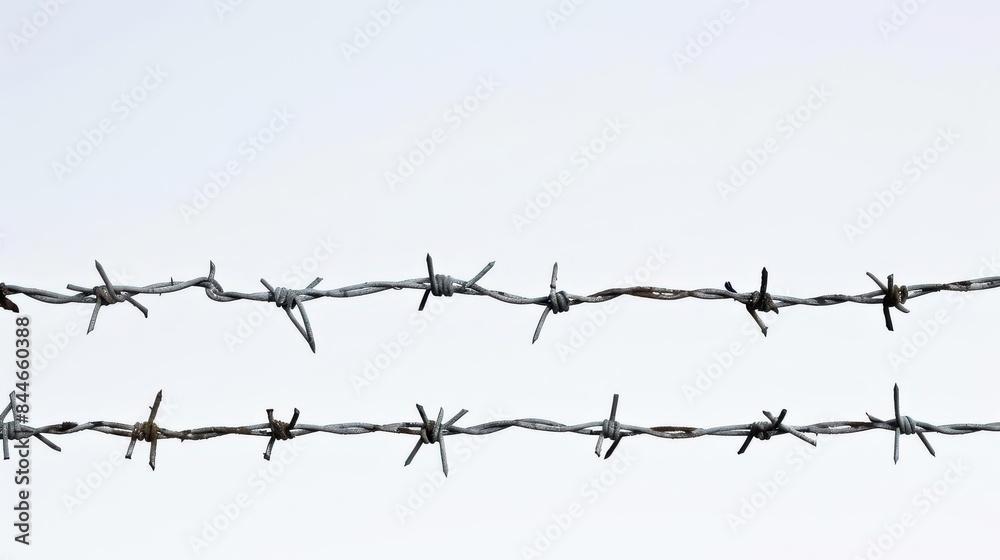 Barbed wire against a clear sky, creating a stark and detailed image, isolated white background Barbed wire against a clear sky, creating a stark and detailed image, isolated white background