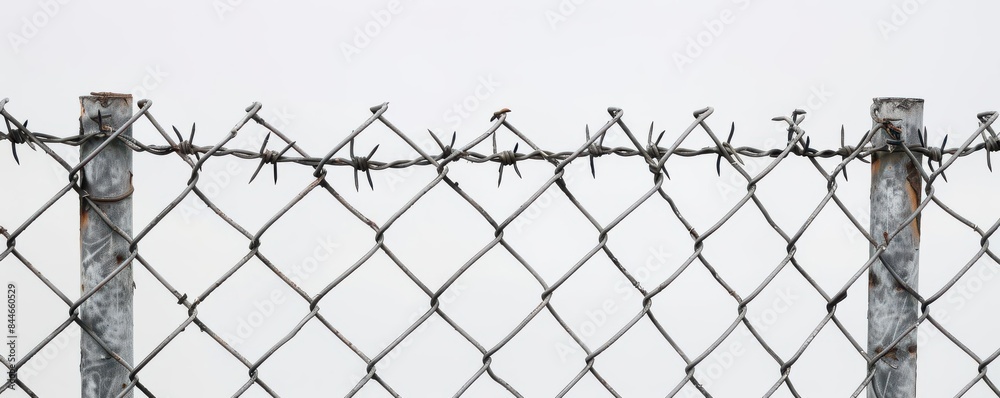 Barbed wire fence with sharp edges, creating a sense of security and restriction, white background with copy space Barbed wire fence with sharp edges, creating a sense of security and restriction, white background with copy space