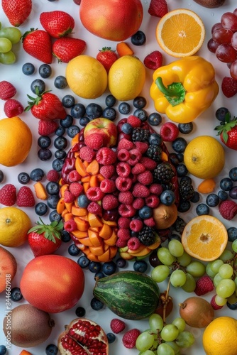 Conceptual image of a brain surrounded by an assortment of fruits  symbolizing healthy eating Bright  colorful composition emphasizing wellness