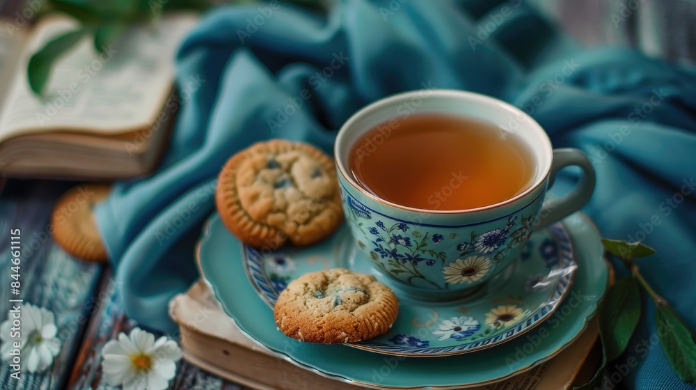 Calm composition featuring a teacup and homemade cookies Calm composition featuring a teacup and homemade cookies