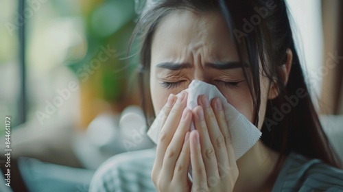 Tissue, nose and sick woman sneezing in living room with allergy, cold or flu in her home