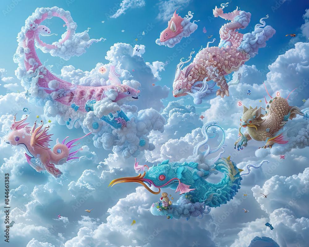 Naklejka premium Various animals floating on the clouds