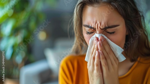 Tissue, nose and sick woman sneezing in living room with allergy, cold or flu in her home