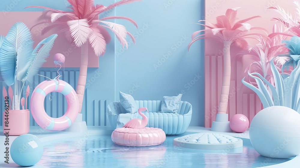 This 3D rendering serves as a summerthemed website landing page design template featuring pastel pink and blue colors This 3D rendering serves as a summerthemed website landing page design template featuring pastel pink and blue colors