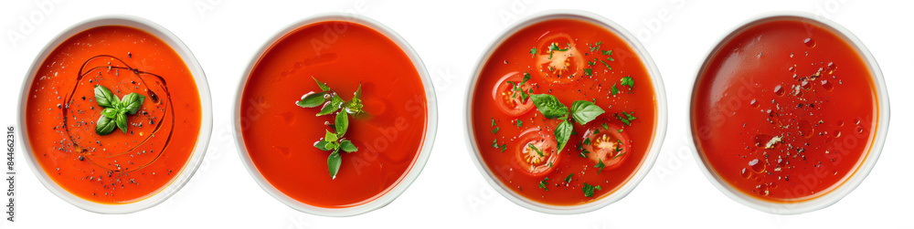 Collection of bowls with tomatoes soup, cut out, isolated on transparent background, top view. Collection of bowls with tomatoes soup, cut out, isolated on transparent background, top view.