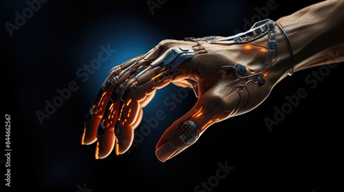Futuristic Cybernetic Hand Merging With Human Touch Against Dark Background