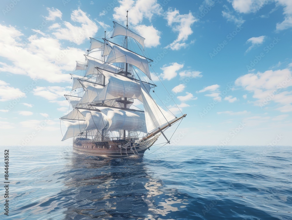 Obraz premium A large sailing ship with white sails on the ocean,