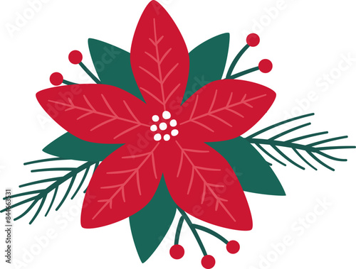 Red Poinsettia flower Christmas decoration isolated.
Red Christmas Poinsettia Flower vector.