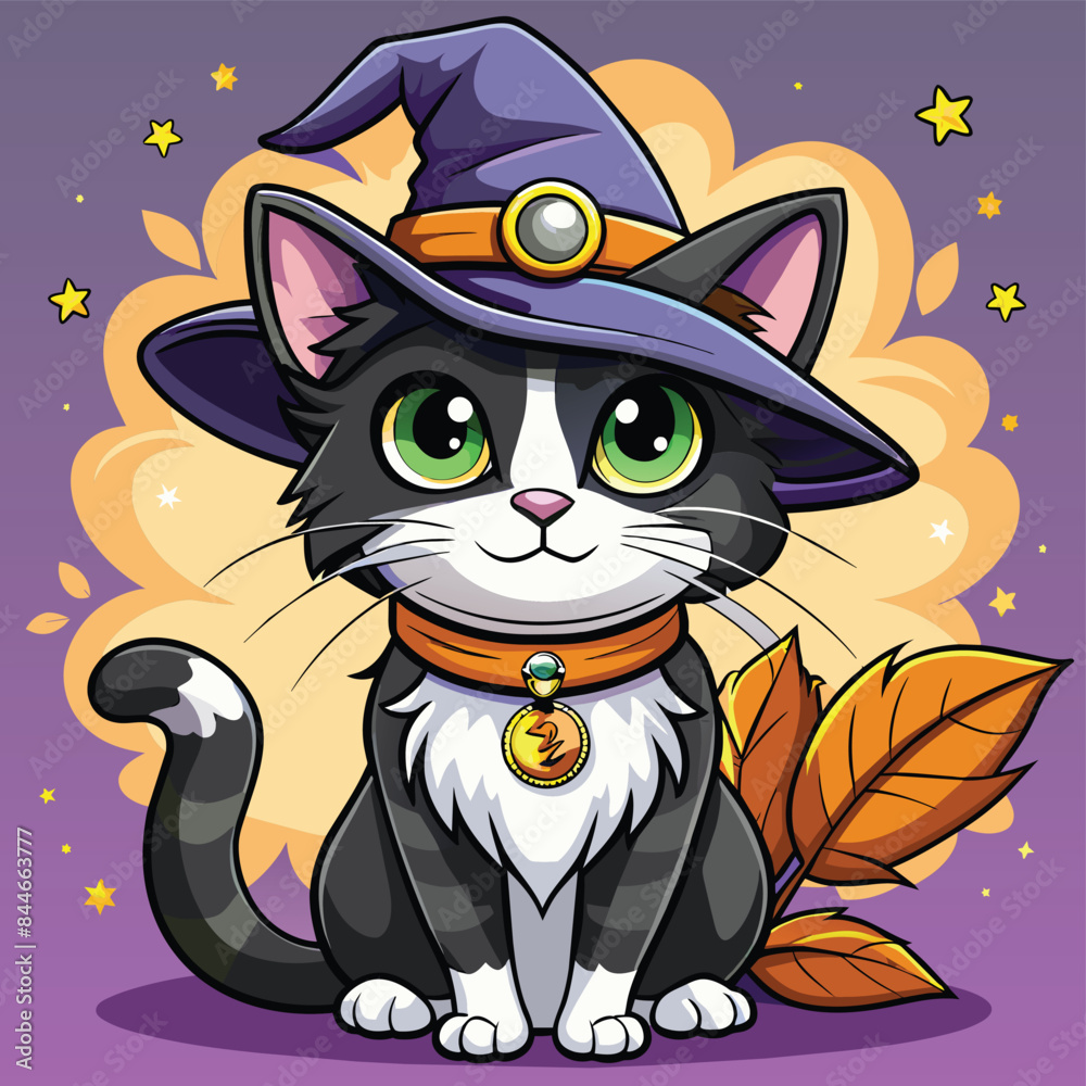 A cat wearing a witch hat with a gold star on it A cat wearing a witch hat with a gold star on it