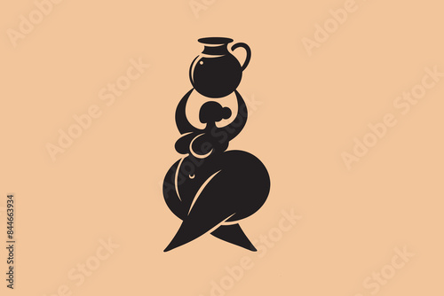 A plump African woman with a jug above her head. Logo. Icon. Print. Abstract black and white vector illustration.