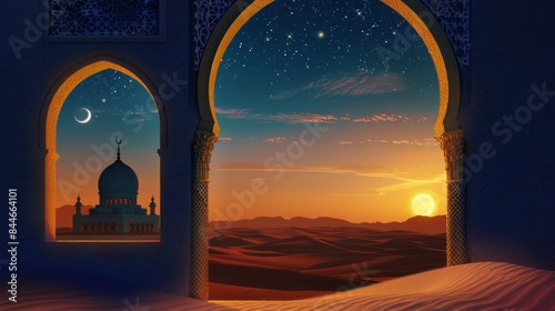 Islamic ramadan background, eid al fitri, iftar, eid al adha, beautiful mosque and lantern background.