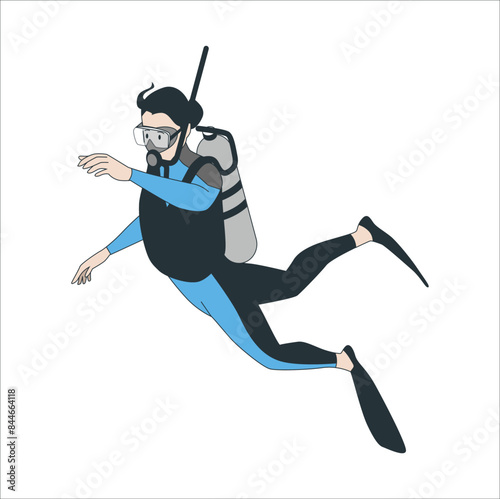one man scuba diver diving man silhouette isolated on white background. divers floating deep in the sea. Scuba diver with equipment and flippers. Cartoon man character engaged in scuba diving. 2289
