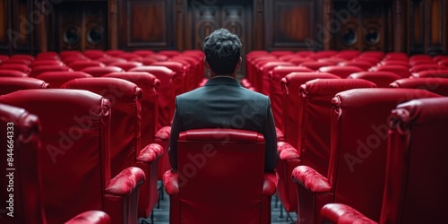 Man Sitting Alone in a Row of Red Seats