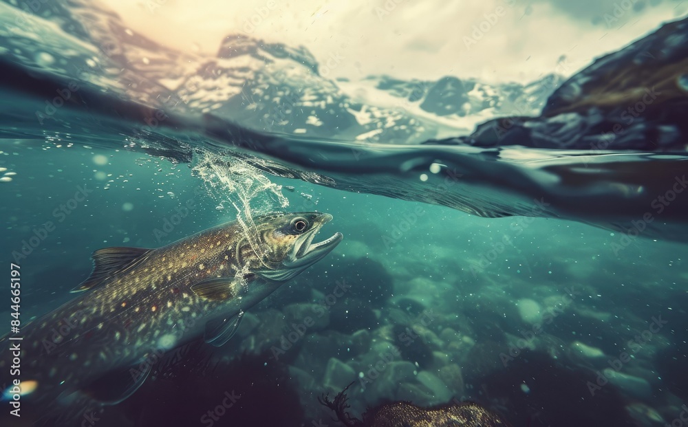 Obraz premium Fish Leaping From Mountain Lake