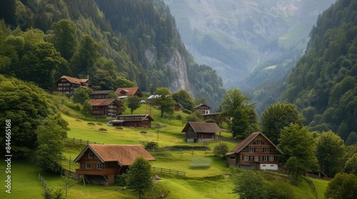 Swiss Village in the Alps on a Cloudy Day