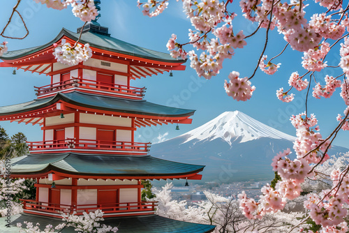 A beautiful cherry blossom tree is in front of a red and white building photo