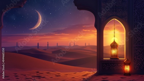 Eid mubarak background with mosque and golden door at sunset