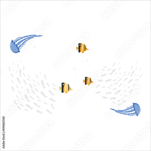 Vector set of marine life. Fish and wild marine animals isolated on white background. Sea life. Jellyfish, fish and seashells. 2292
