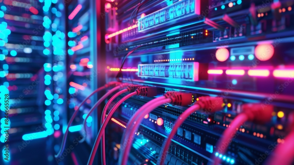 Network hardware. Telecommunication technologies. Server room. Modem with fiber optic cables. Router in server room. Hosting equipment. Internet communications. Server technologies