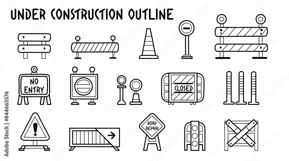 Under construction outline icons set, variety of symbols for construction and roadworks, simple line art style, vector and illustration.