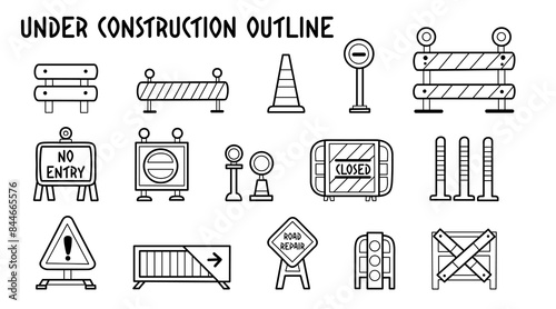 Under construction outline icons set, variety of symbols for construction and roadworks, simple line art style, vector and illustration.