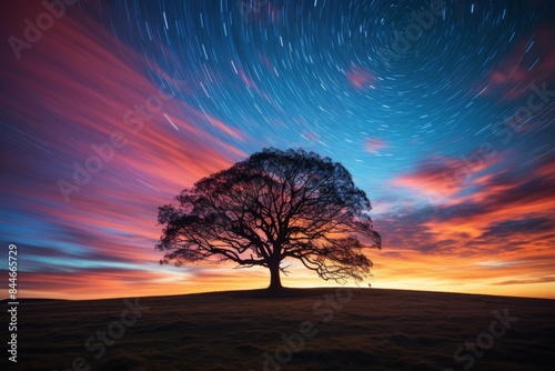 Long exposure shot featuring vibrant star trails swirling above a majestic lone tree under a twilight sky