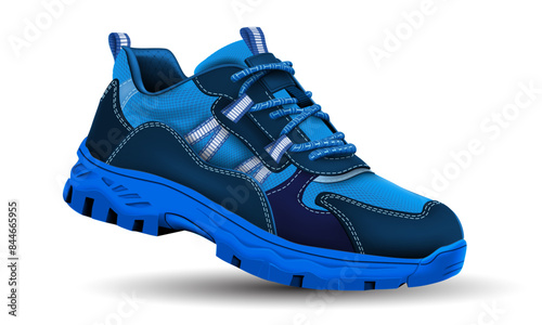 Realistic hiking shoe safety blue leather rubber black fabric on white design for men vector