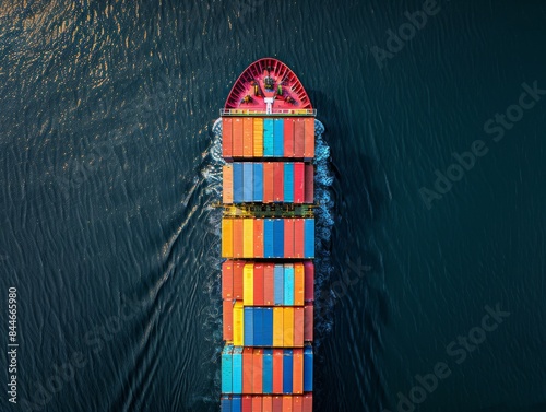 Top view of a cargo ship with colorful containers sailing in the dark blue sea © Deanmon