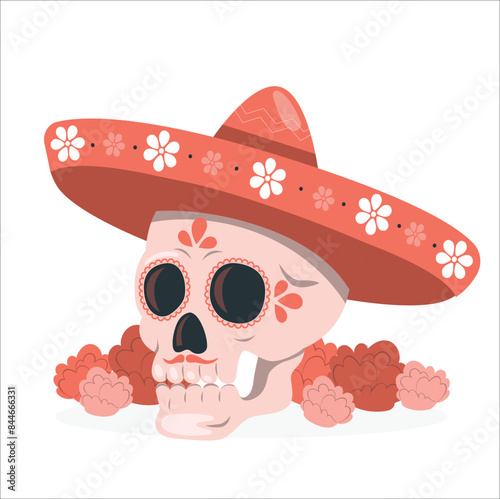 Mexican Skull in the Mexican sombrero hat. Mexican vector sugar skull with Mexican hat. skull patterns on the face and hat. Mexico pattern. Skull and flowers elements. Day of the dead vector. 2297

