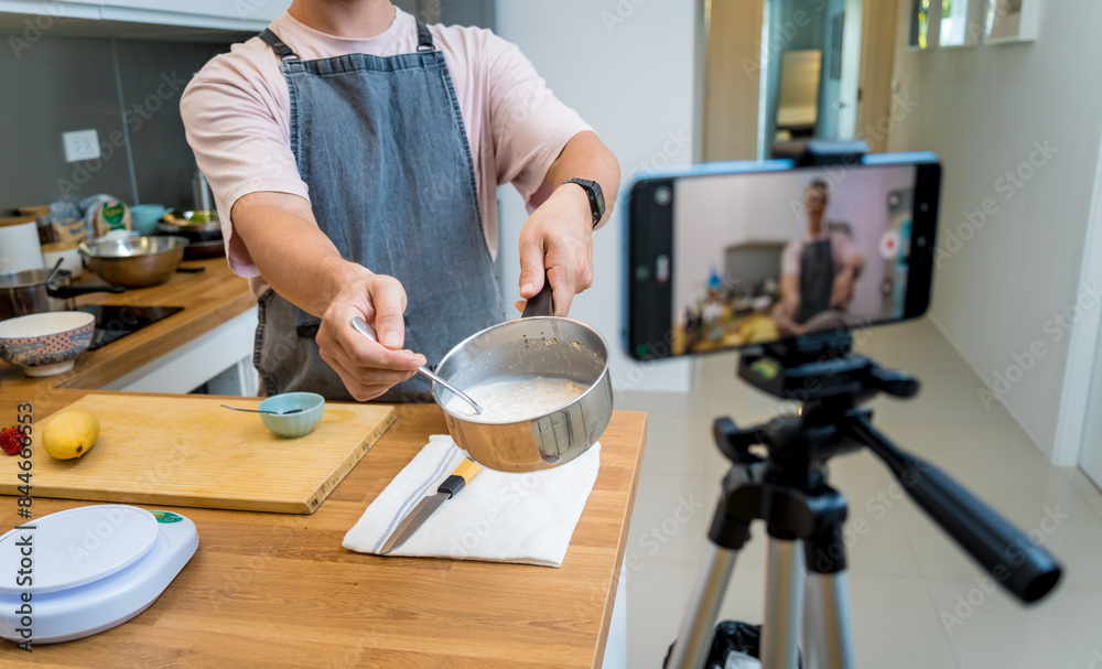 The chef is broadcasting live from workshop how to prepare a vegetarian food The chef is broadcasting live from workshop how to prepare a vegetarian food