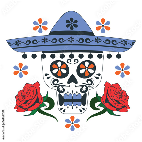 Traditional Mexican skull. Sugar skulls decorated with colorful patterns. One wearing Mexican Sombrebo hat. Mexican skull with sombrero. Vector skull in Mexican hat. 2298
