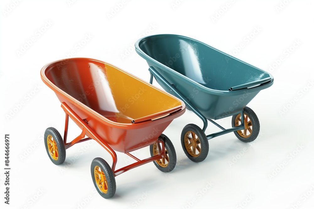 Two colorful wheelbarrows on a white background. One is red and the other is green. Ideal for garden projects or construction work. A modern and minimal image for varied purposes. Generative AI Two colorful wheelbarrows on a white background. One is red and the other is green. Ideal for garden projects or construction work. A modern and minimal image for varied purposes. Generative AI