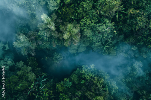 drone shot of a tropical rainforest with misty conditions