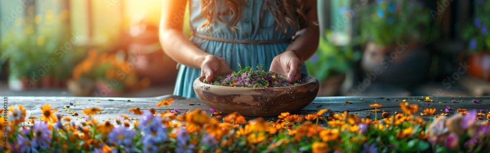 Woman carefully prepares a mixture of vibrant herbs and blooming flowers in a rustic bowl for a natural remedy or aromatherapy session. Surrounded by nature. Soaking up summer sunlight; panoramic Woman carefully prepares a mixture of vibrant herbs and blooming flowers in a rustic bowl for a natural remedy or aromatherapy session. Surrounded by nature. Soaking up summer sunlight; panoramic
