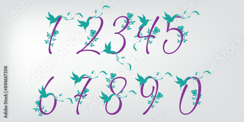 Numbers, letters of the alphabet. Font design for logos, posters, invitations, etc. vector illustrator.purple blue flowers birds.87