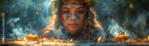 Shaman woman with a ritual body art on her face, wearing flowers crown, performing a ritual with burning candles and smoke; panoramic header